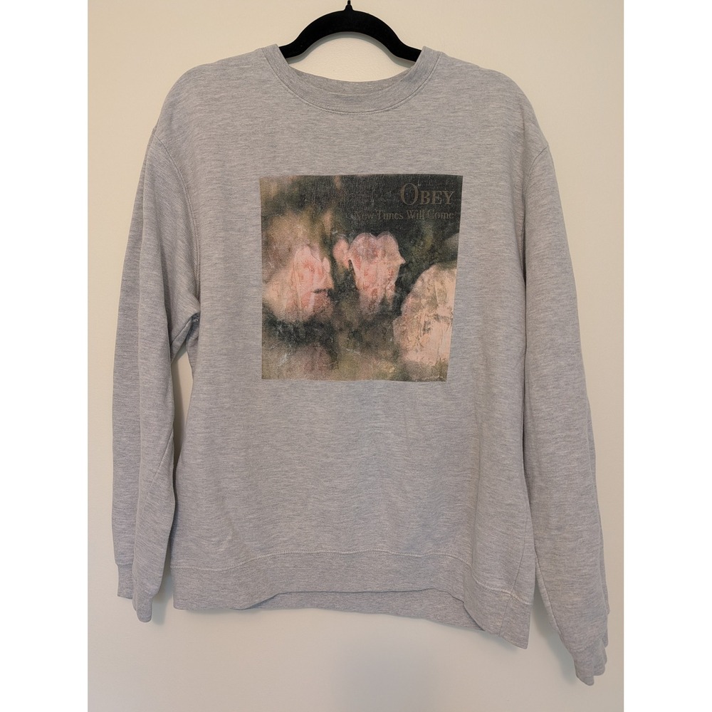 Obey Mens Large New Times Will Come Floral Art Sweatshirt Heather Grey Pullover
